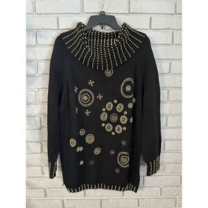 Chelsea Way Womens Medium Black Gold Beaded Turtleneck Pullover Sweater Tunic